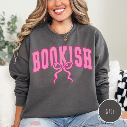 Dark grey sweatshirt with pink bookish bow design for cozy reading days outfit