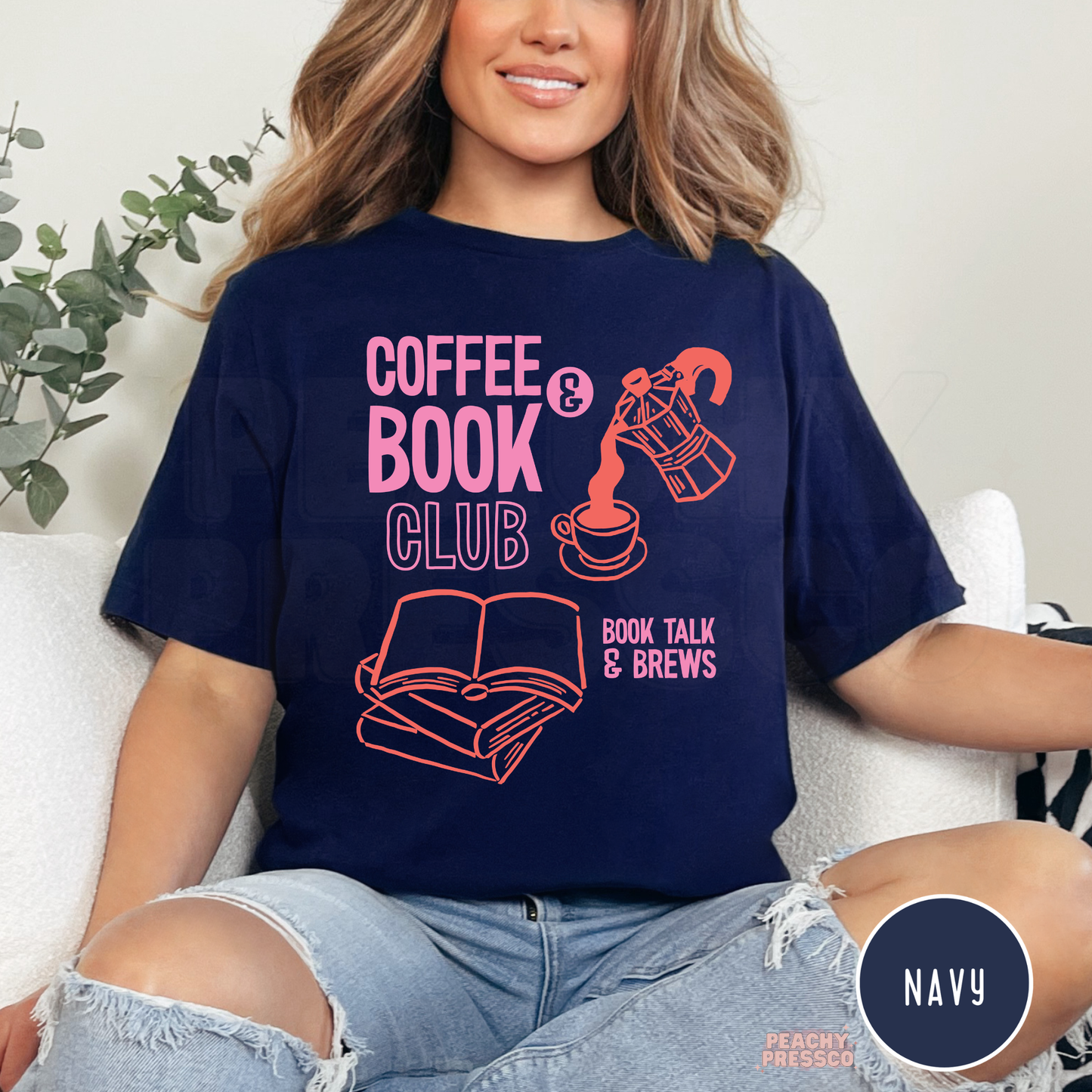 Coffee and Book Club graphic t-shirt in navy with book stack and coffee illustration for readers