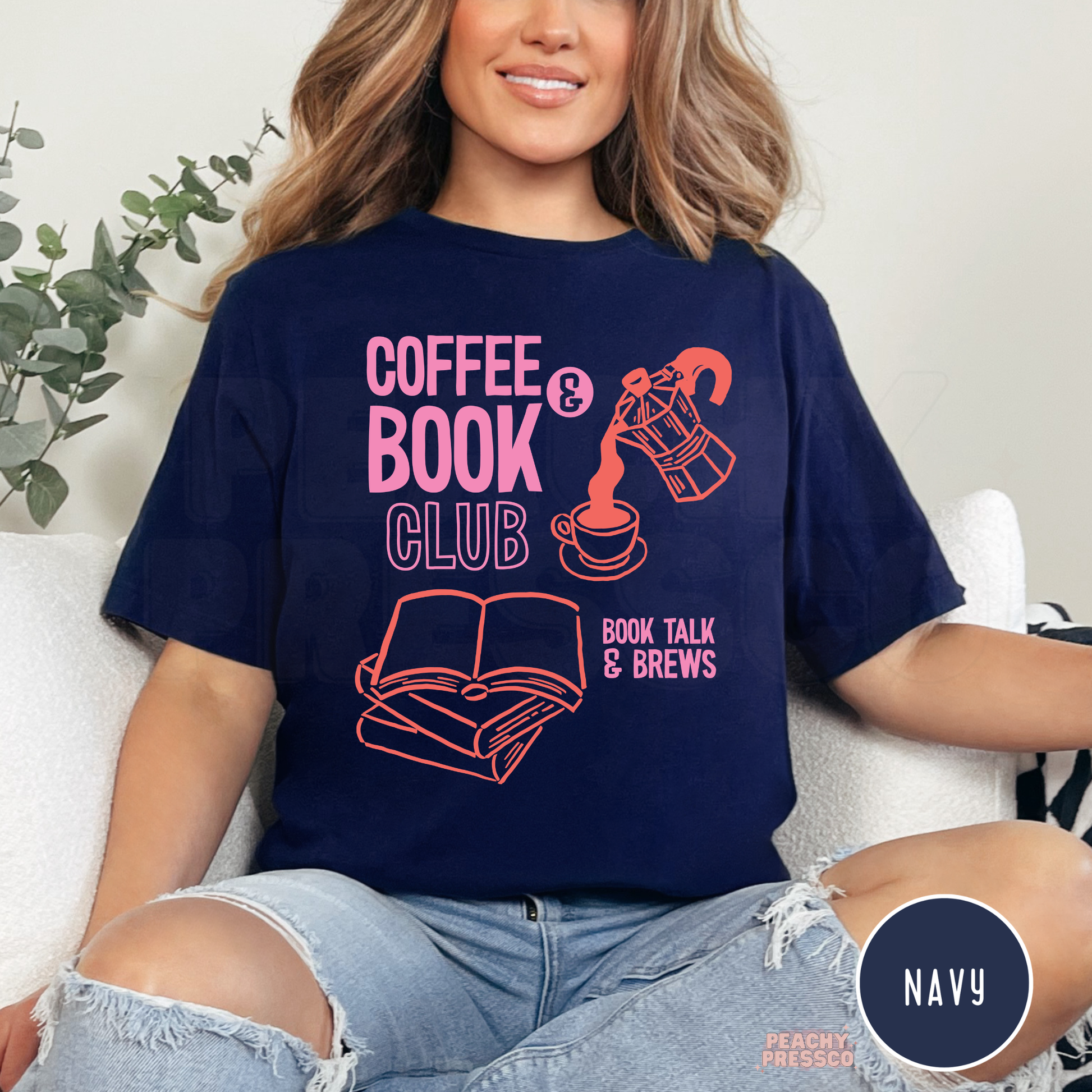 Coffee and Book Club graphic t-shirt in navy with book stack and coffee illustration for readers