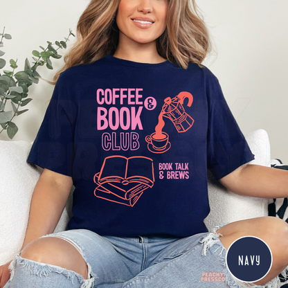 Coffee and Book Club graphic t-shirt in navy with book stack and coffee illustration for readers