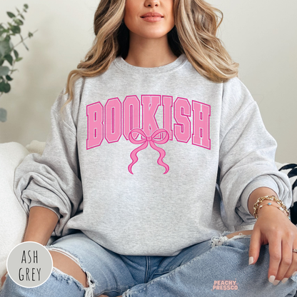 Ash grey crewneck with pink bookish bow graphic for casual book lover aesthetic