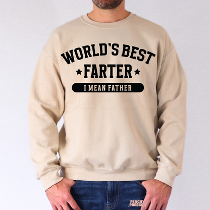 Man wearing beige crewneck sweatshirt with funny “World’s Best Farter I Mean Father” dad-themed graphic print.