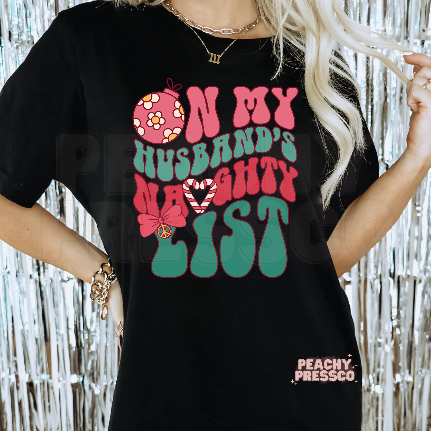 Funny “On My Husband’s Naughty List” Christmas Sweatshirt – Retro Holiday Apparel