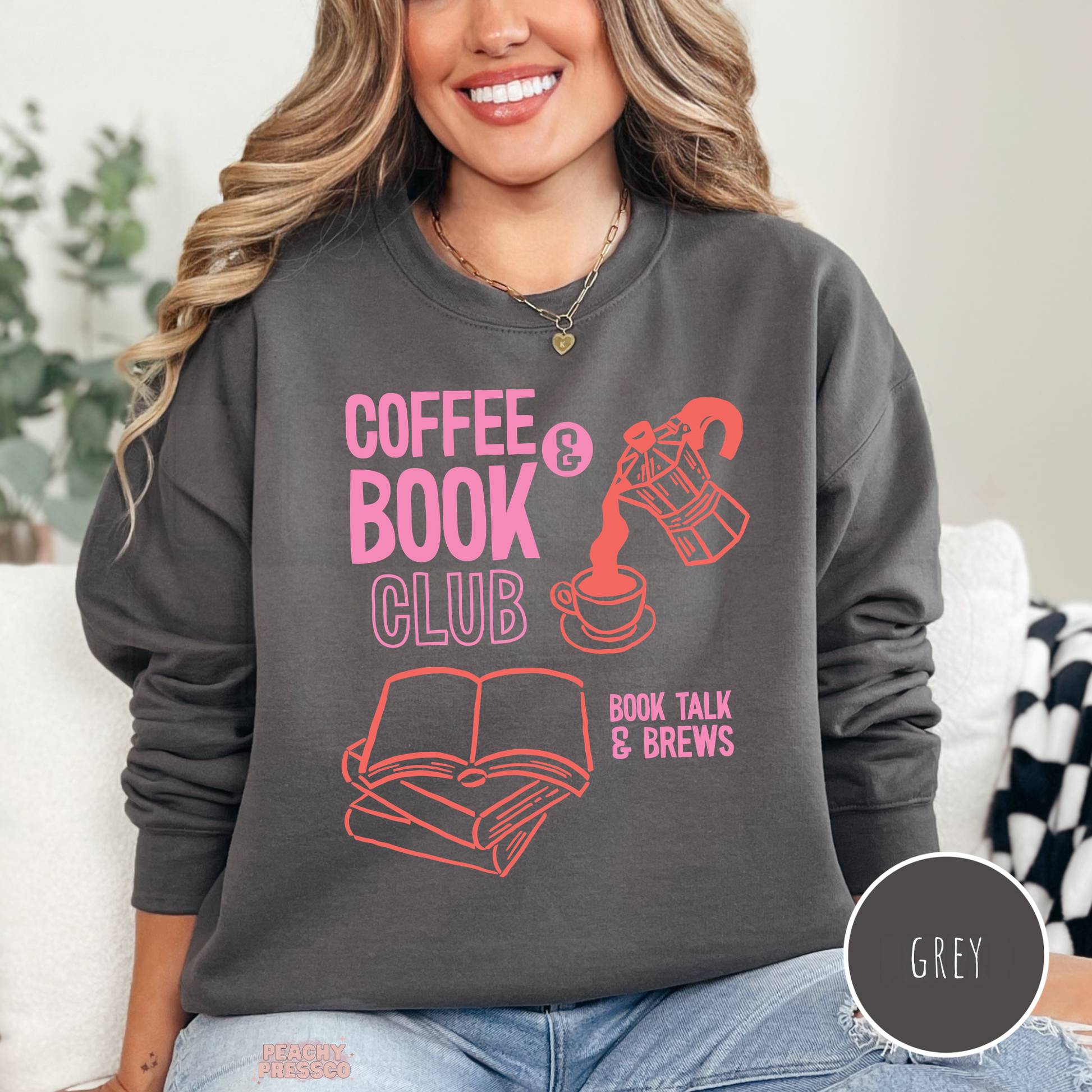 Coffee and Book Club graphic sweatshirt in grey with book stack and coffee design for book lovers