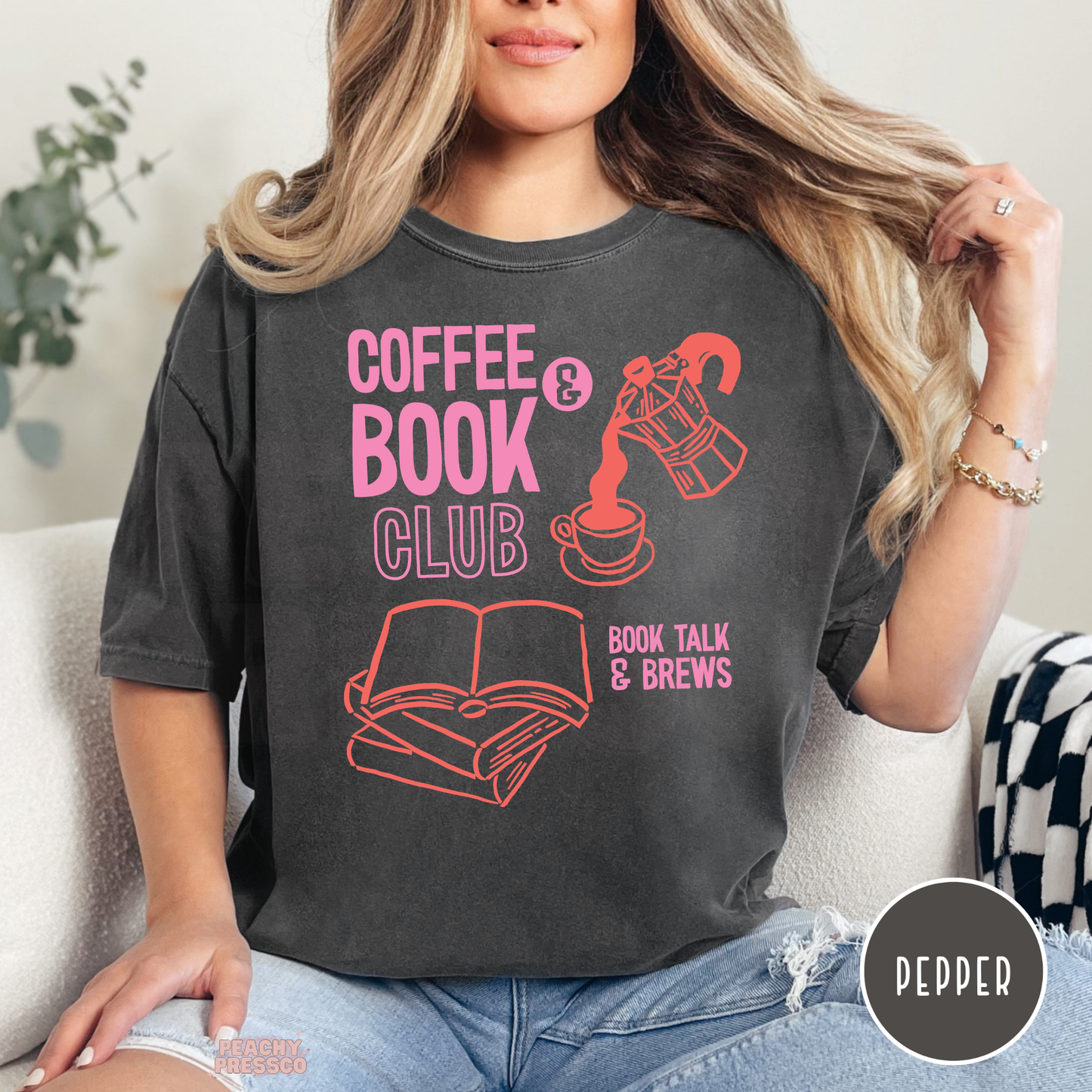 Coffee and Book Club graphic t-shirt in pepper grey with pink and orange book lover design