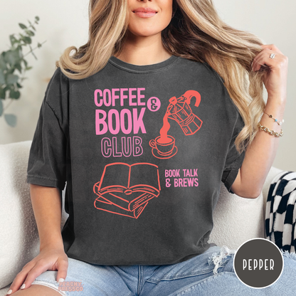 Coffee and Book Club graphic t-shirt in pepper grey with pink and orange book lover design