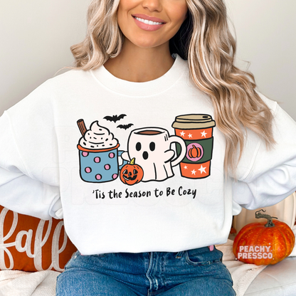 Tis the Season to Be Cozy Sweatshirt – Cute Fall Ghost Mug Graphic, Fall Apparel
