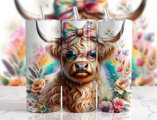 Colorful Highland Cow Tumbler – Cute Boho Floral Glasses Design
