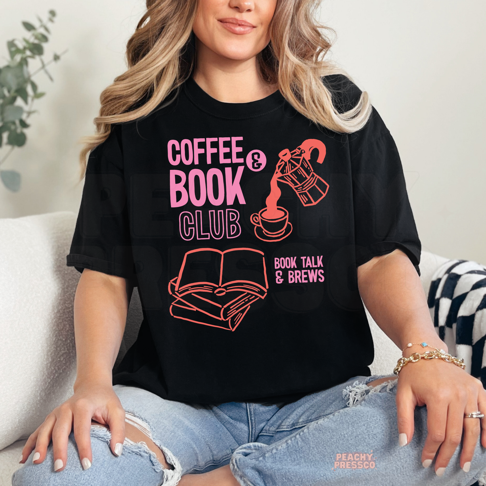 Coffee and Book Club aesthetic graphic t-shirt in black with book and coffee illustration for readers