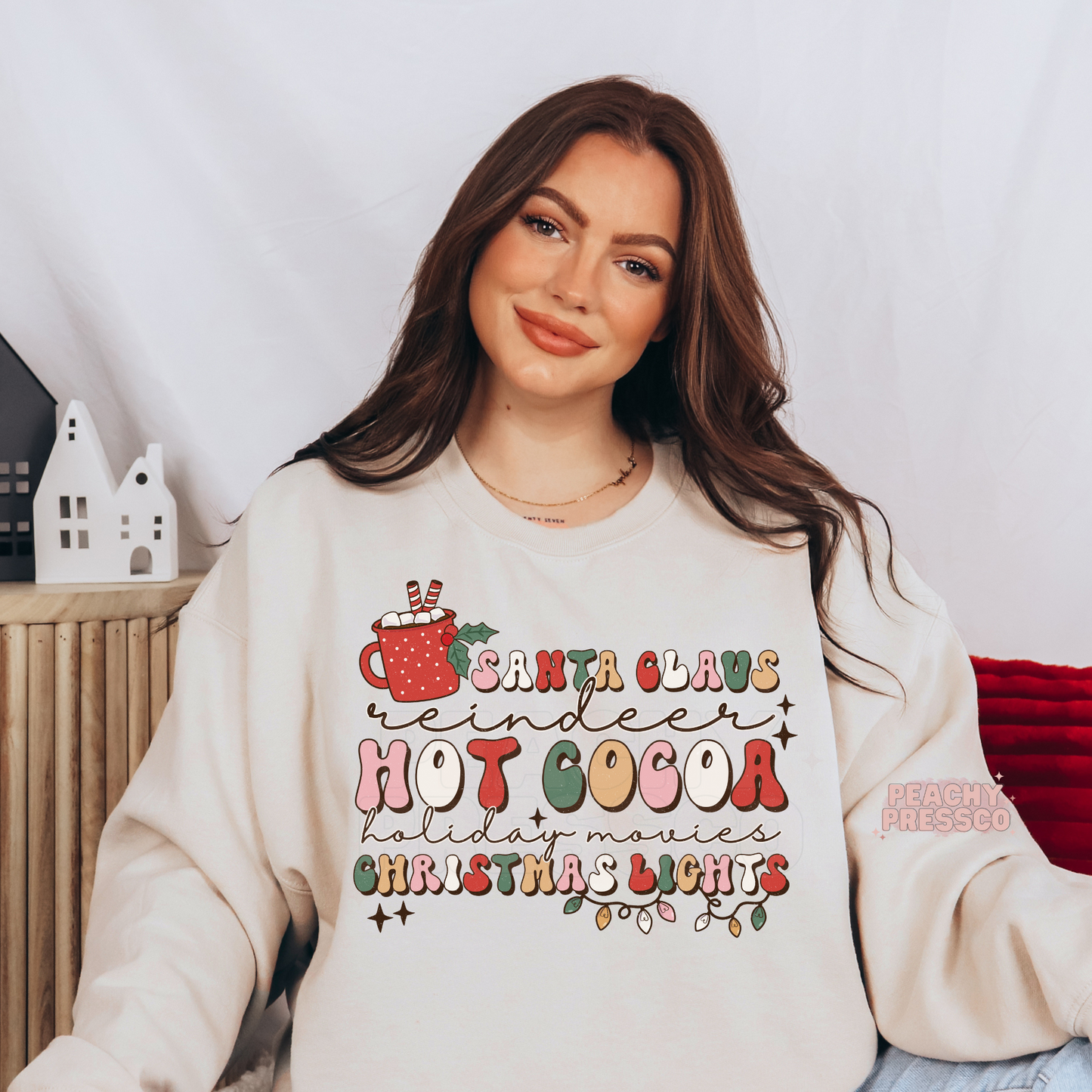 Santa Claus Reindeer Hot Cocoa Christmas Lights Tee – Holiday Movies Apparel