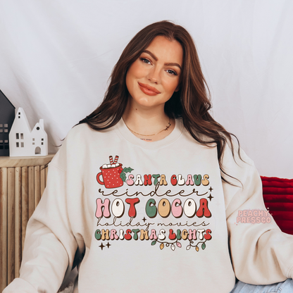 Santa Claus Reindeer Hot Cocoa Christmas Lights Tee – Holiday Movies Apparel