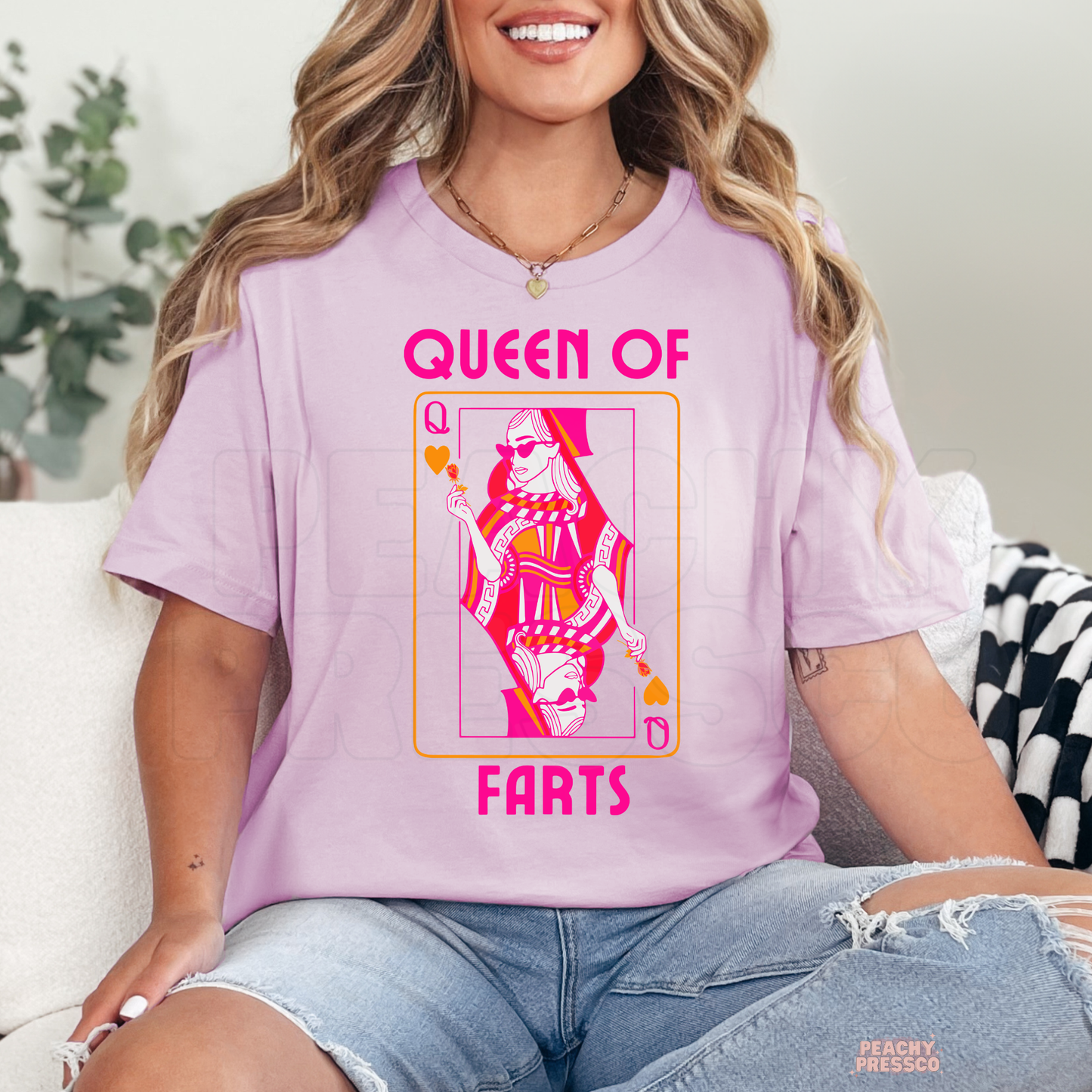 Queen of Farts Funny Graphic Sweatshirt | Cute Pink Humor Shirt | Gag Gift for Her | Retro Graphic Apparel