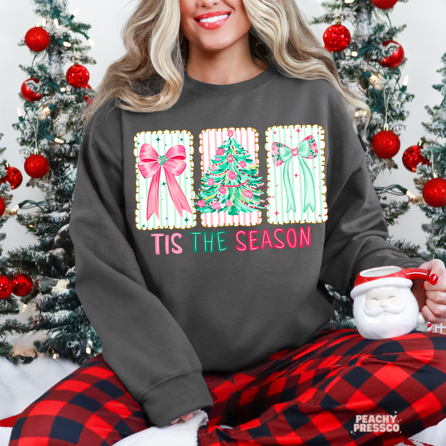 Tis The Season Christmas Cookies Shirt | Cute Pink Bow & Tree Holiday Apparel