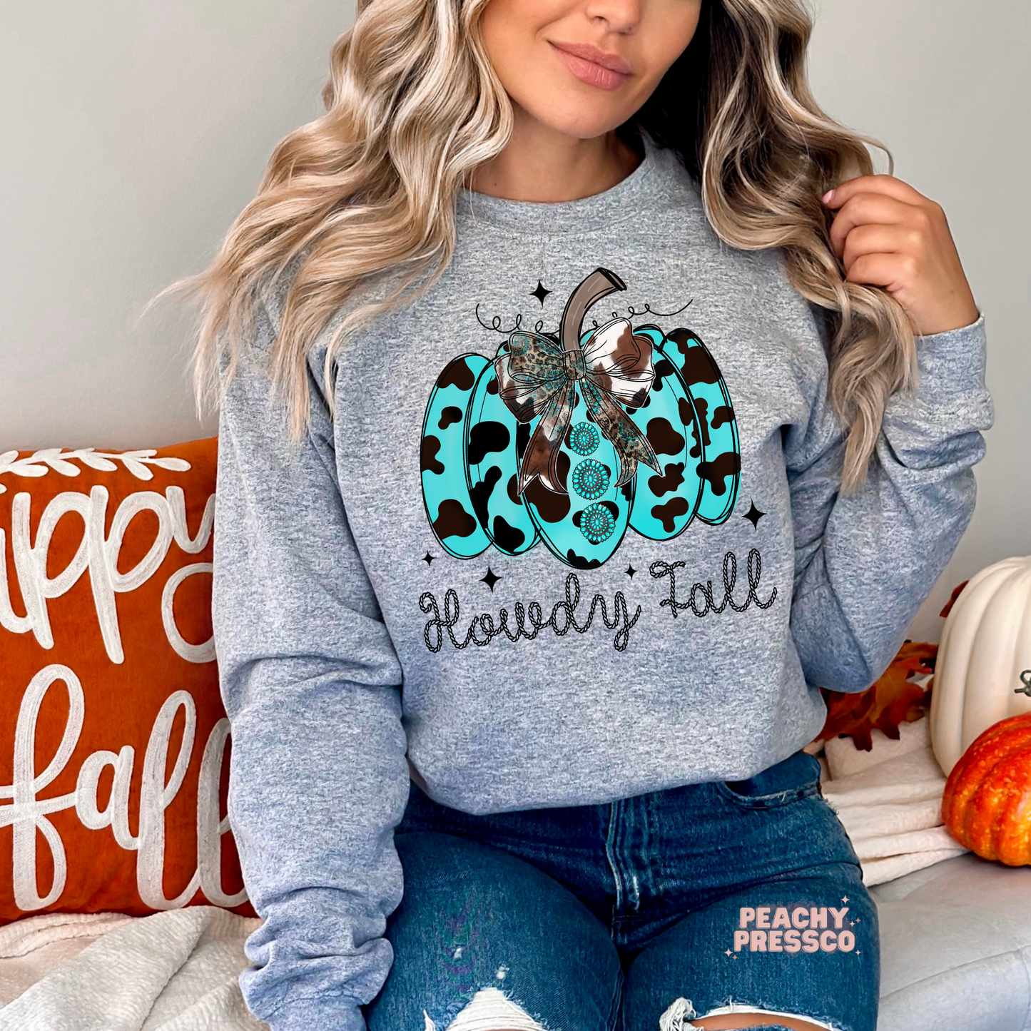 Howdy Fall Sweatshirt, Turquoise Cowprint Pumpkin Fall Apparel
