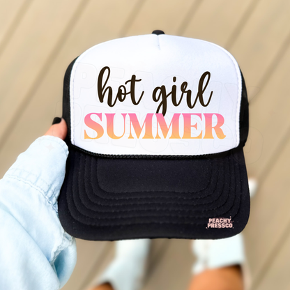 Black and white trucker hat with Hot Girl Summer text in gradient colors.