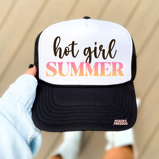 Black and white trucker hat with Hot Girl Summer text in gradient colors.