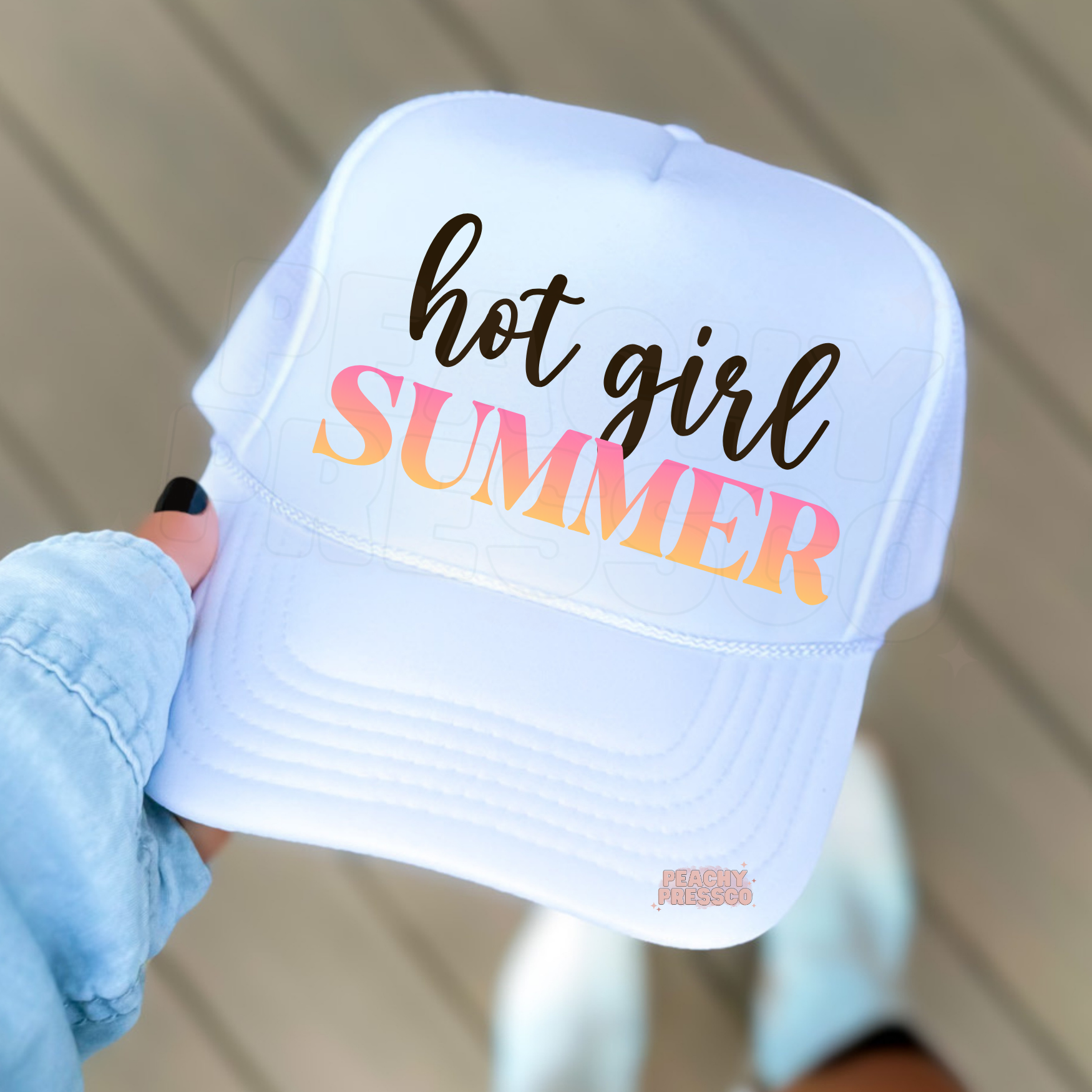 Women’s white trucker hat featuring Hot Girl Summer design for summer outfits, vacations, beach days and coastal style.