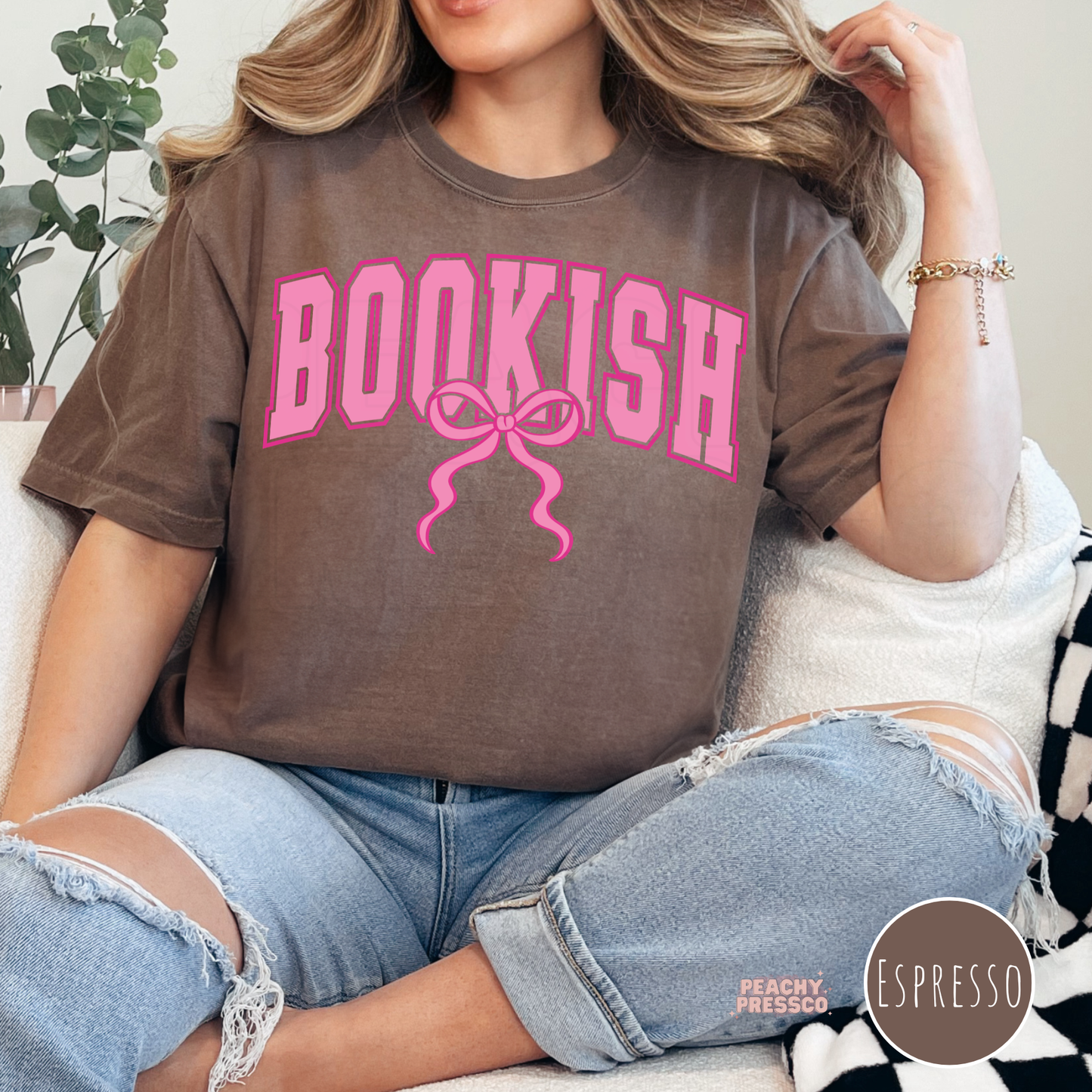 Espresso brown tee with pink bookish bow design for cozy neutral outfit look
