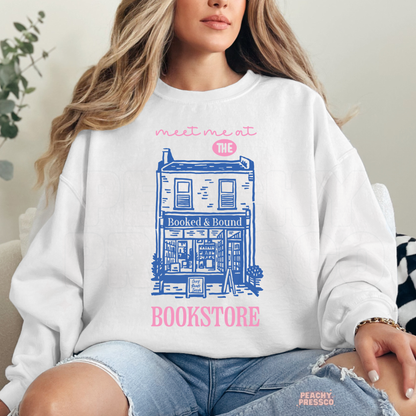 Meet me at the bookstore graphic sweatshirt in white with cute bookstore illustration for book lovers
