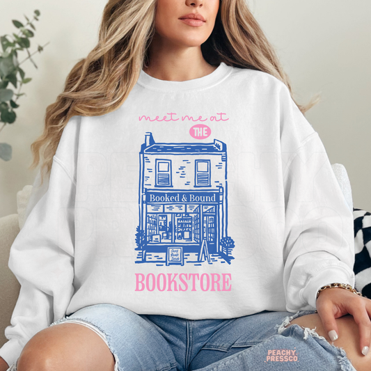 Meet me at the bookstore graphic sweatshirt in white with cute bookstore illustration for book lovers
