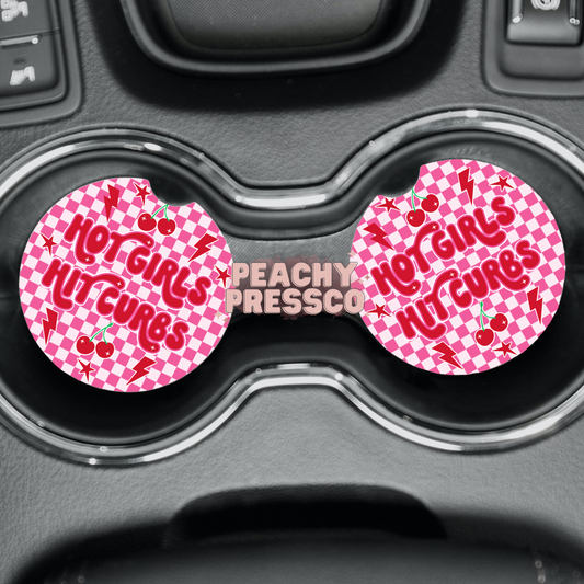 Hot Girls Hit Curbs Car Coasters – Pink Cherry Checkered Cup Holder Inserts (Set of 2)