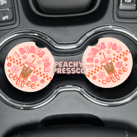 I Brake for Coffee Car Coasters – Cute & Funny Pink Retro Auto Accessories