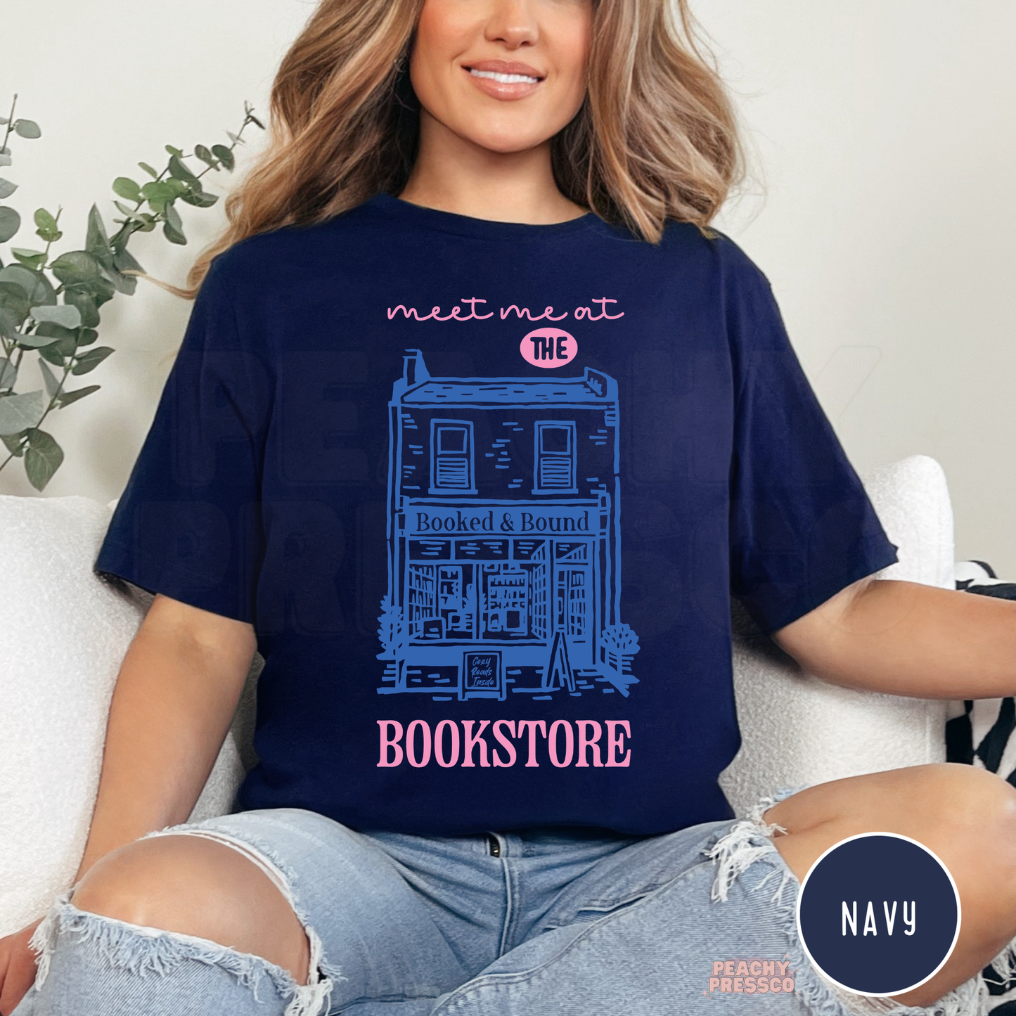 Meet me at the bookstore graphic t-shirt in navy with aesthetic bookshop design for readers
