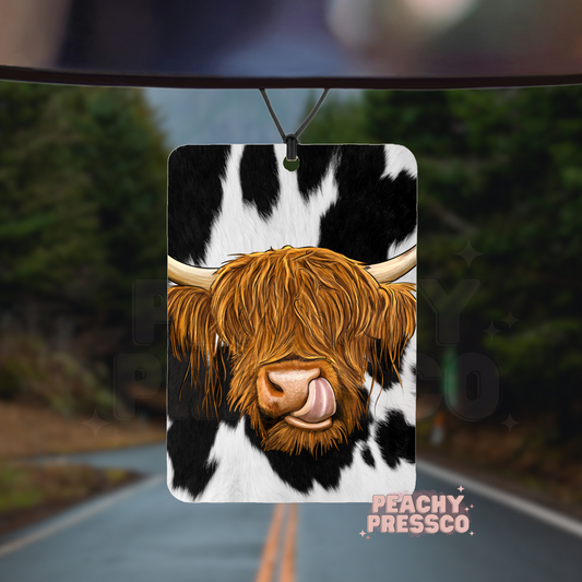 Highland Cow Air Freshener – Cow Print with Tongue Out Design