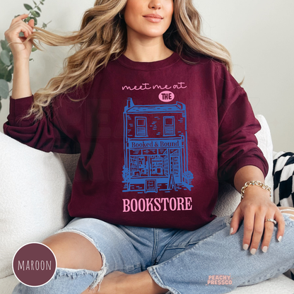 Meet me at the bookstore cozy sweatshirt in maroon with vintage bookstore graphic for readers
