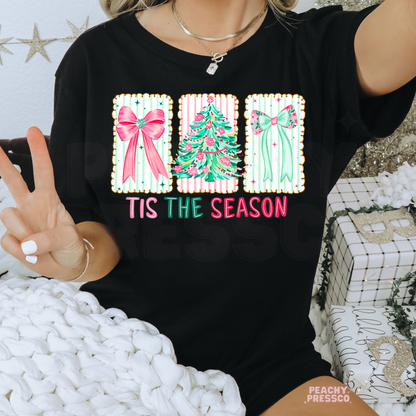 Tis The Season Christmas Cookies Shirt | Cute Pink Bow & Tree Holiday Apparel