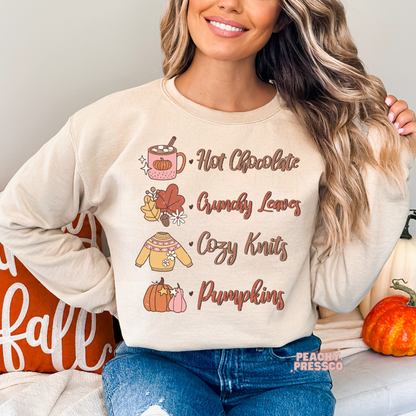 Cozy Fall Checklist Sweatshirt – Hot Chocolate, Leaves & Pumpkins Apparel