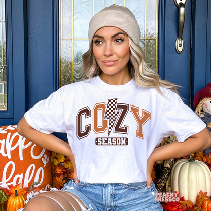 Cozy Season T-Shirt – Bold Lightning Bolt Fall Graphic Apparel