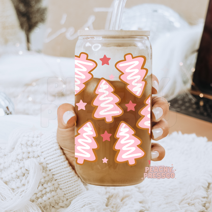 Pink Retro Christmas Tree Glass Cup – 16oz Holiday Cup with Lid & Straw