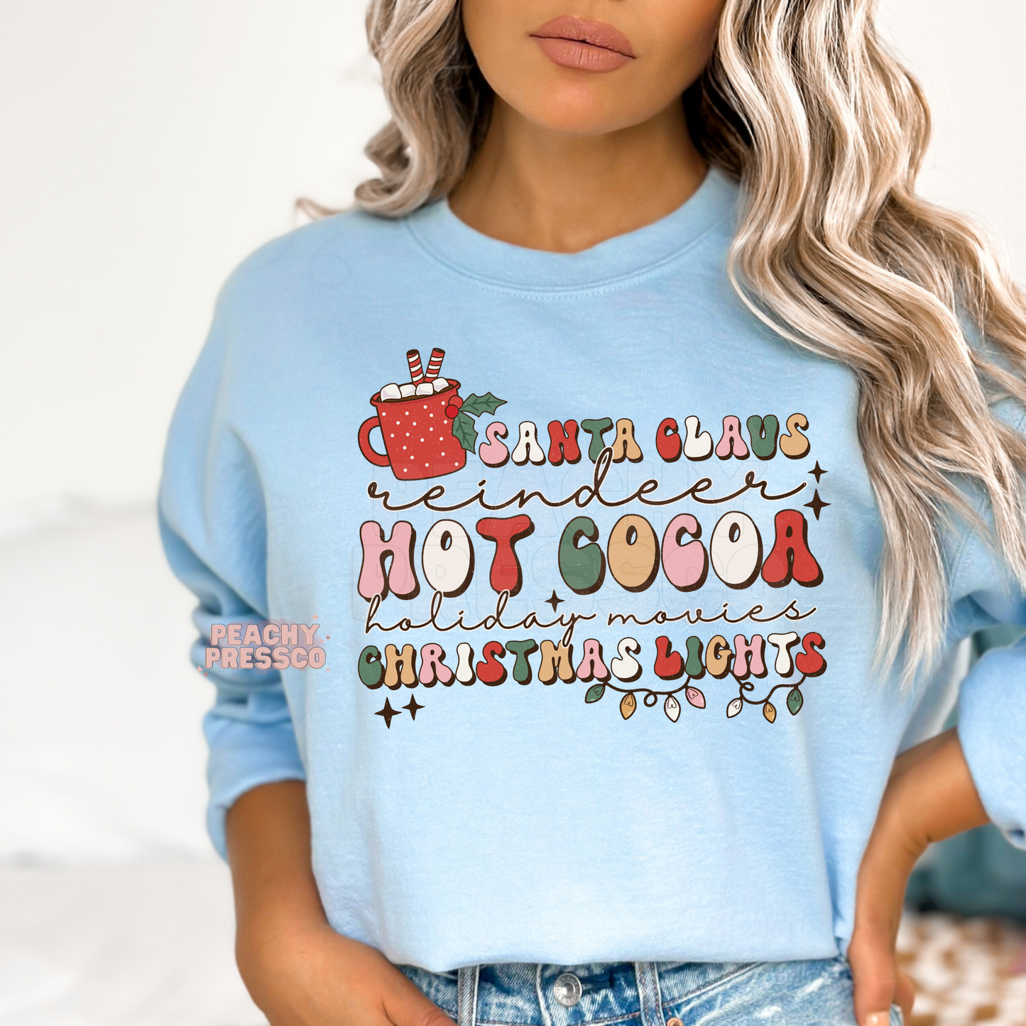 Santa Claus Reindeer Hot Cocoa Christmas Lights Tee – Holiday Movies Apparel