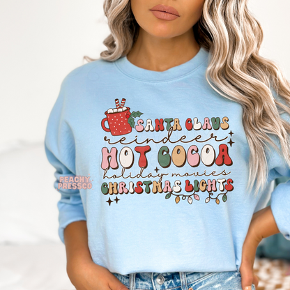 Santa Claus Reindeer Hot Cocoa Christmas Lights Tee – Holiday Movies Apparel