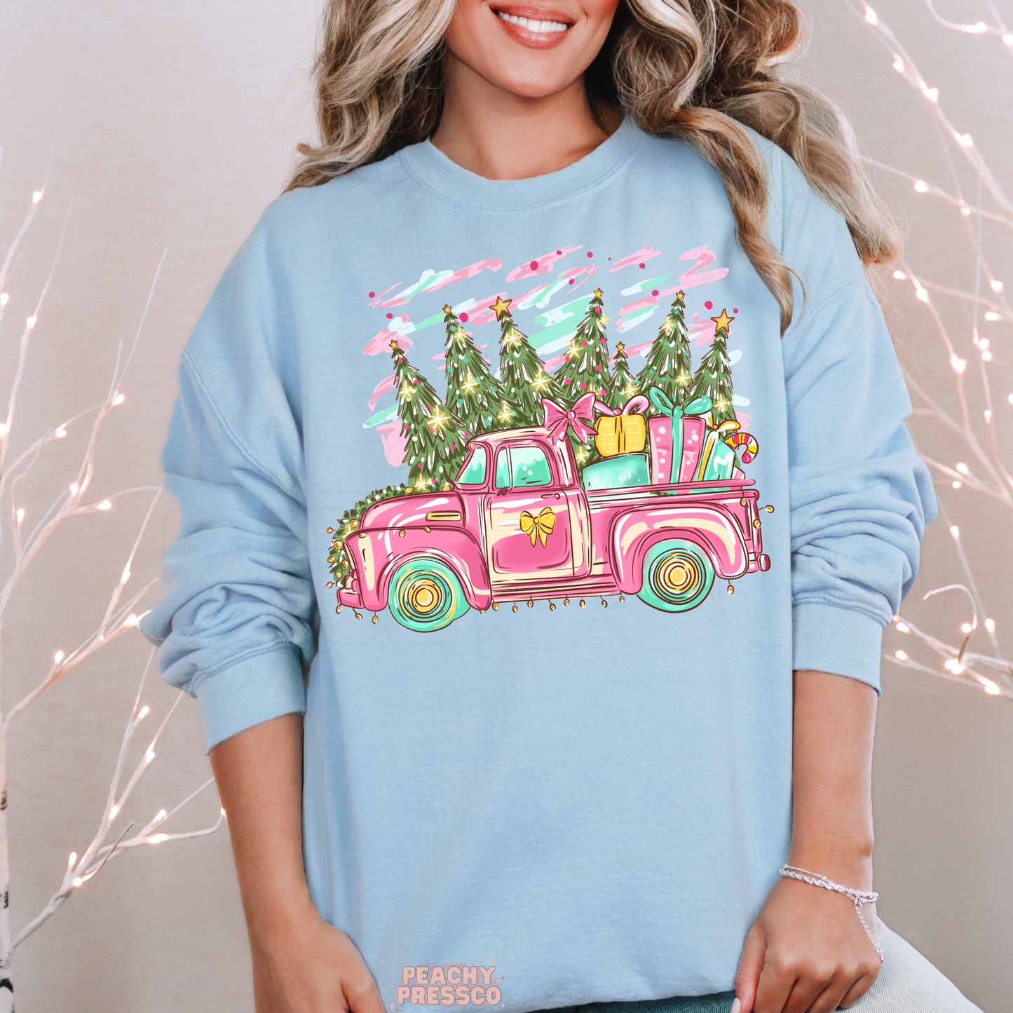 Retro Pink Christmas Truck Sweatshirt | Holiday Tree, Apparel