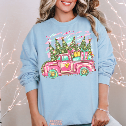 Retro Pink Christmas Truck Sweatshirt | Holiday Tree, Apparel