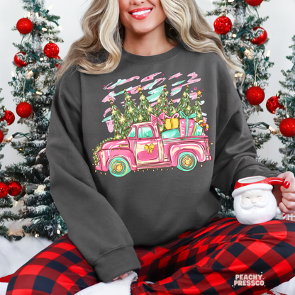 Retro Pink Christmas Truck Sweatshirt | Holiday Tree, Apparel