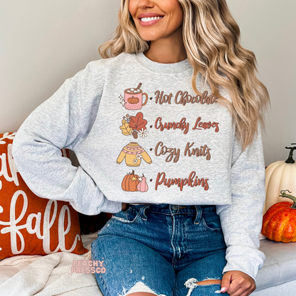 Cozy Fall Checklist Sweatshirt – Hot Chocolate, Leaves & Pumpkins Apparel