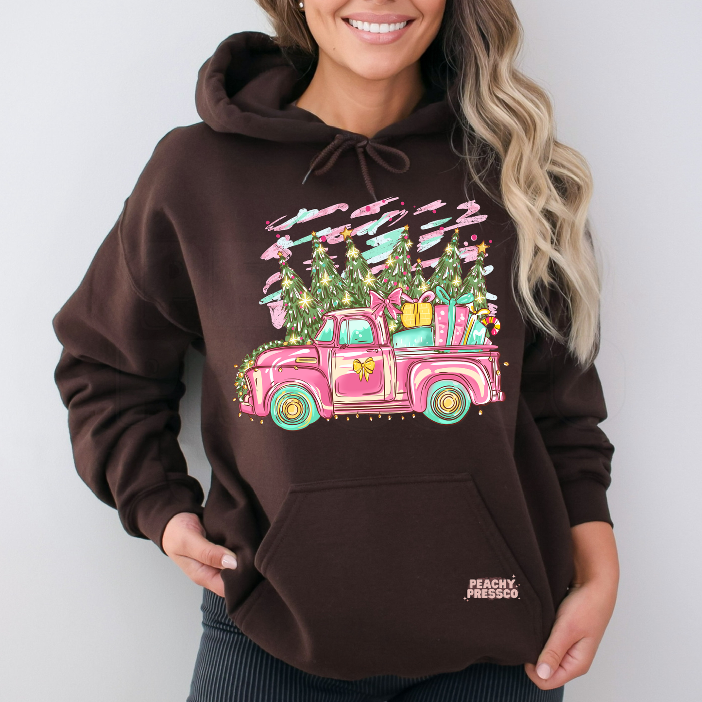 Retro Pink Christmas Truck Sweatshirt | Holiday Tree, Apparel