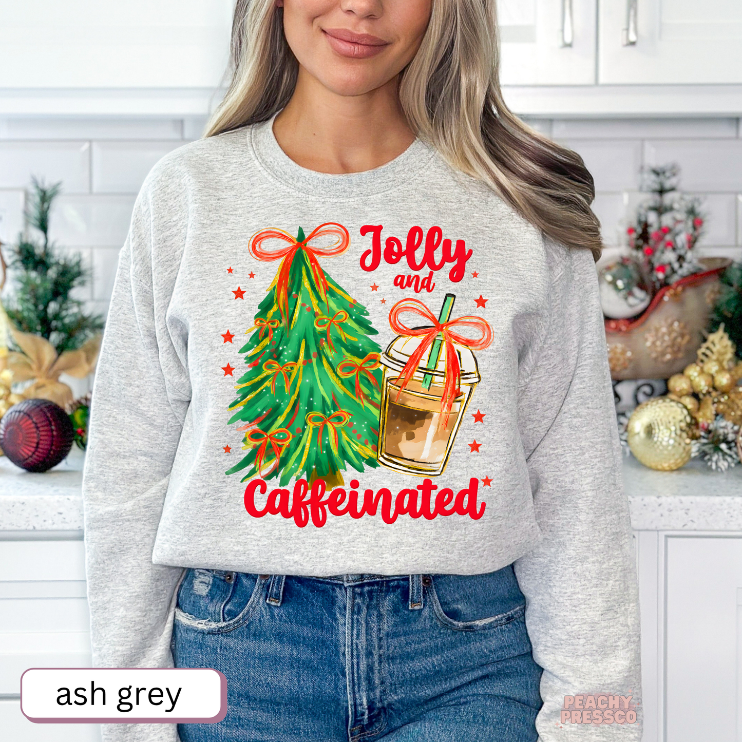 Jolly and Caffeinated Christmas Sweatshirt | Holiday Coffee Lover, Apparel