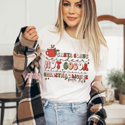 Santa Claus Reindeer Hot Cocoa Christmas Lights Tee – Holiday Movies Apparel
