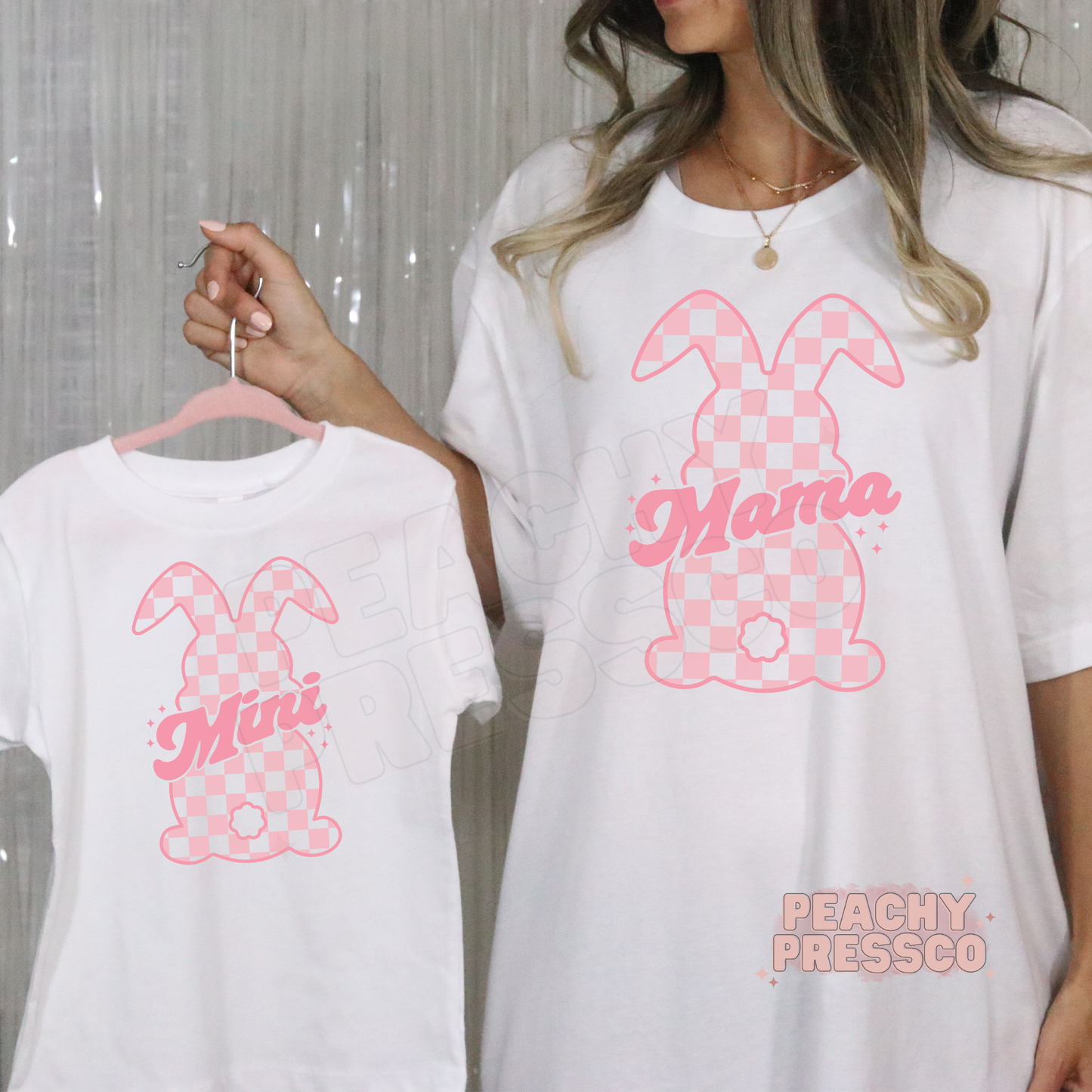 Mama and Mini matching white shirts with pink checkered bunny design, trendy Easter mom and mini outfit