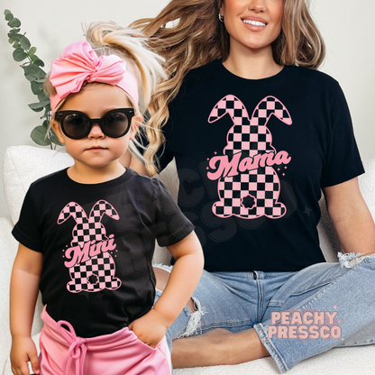 Mama and Mini black matching shirts with pink checkered bunny graphic, stylish mom and toddler Easter outfit