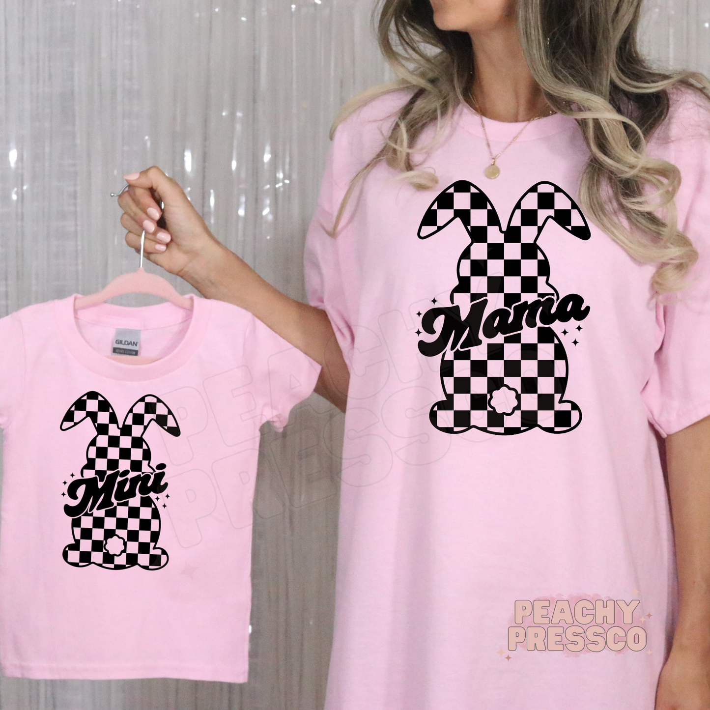 Pink Mama and Mini matching shirts with black checkered bunny design, cute trendy Easter outfit for mom and mini