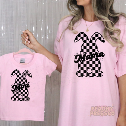 Pink Mama and Mini matching shirts with black checkered bunny design, cute trendy Easter outfit for mom and mini
