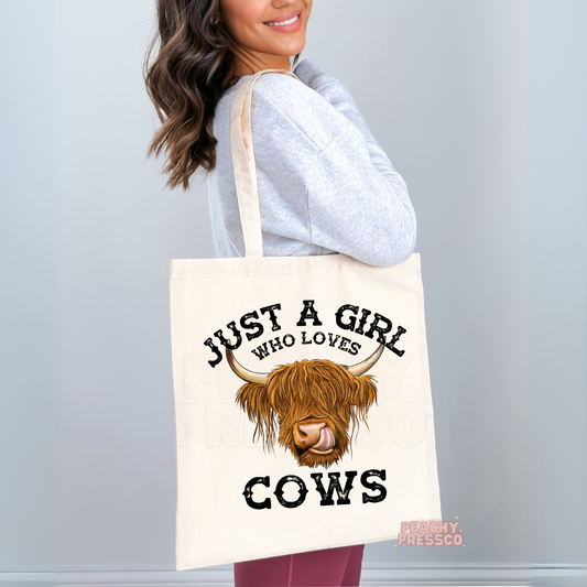 Just a Girl Who Loves Cows Tote Bag – Cute Highland Cow Canvas Bag