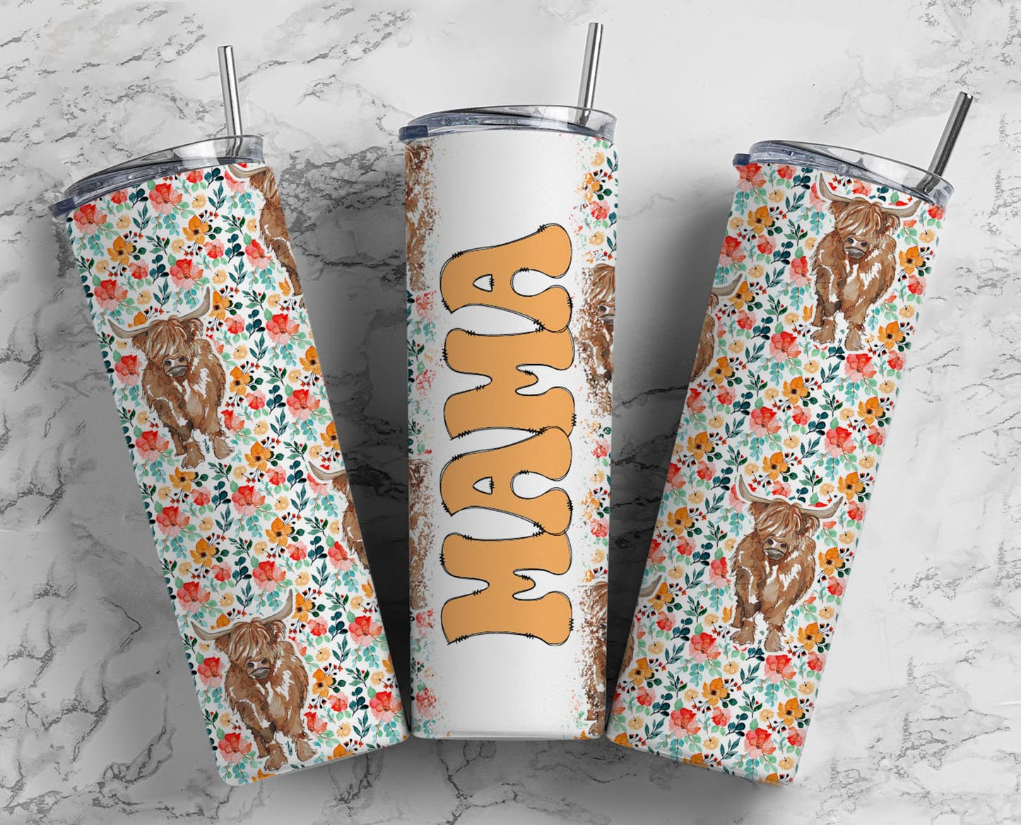 Mama Tumbler with Orange Floral Highland Cow – 20oz Boho Western Cup