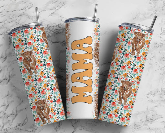 Mama Tumbler with Orange Floral Highland Cow – 20oz Boho Western Cup