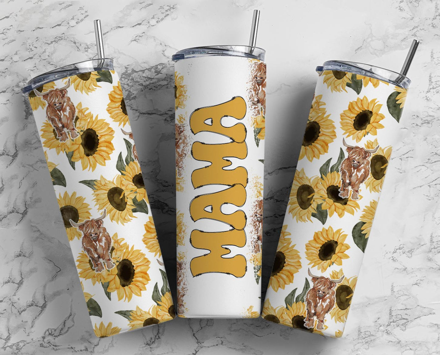 Mama Tumbler with Sunflowers and Highland Cow